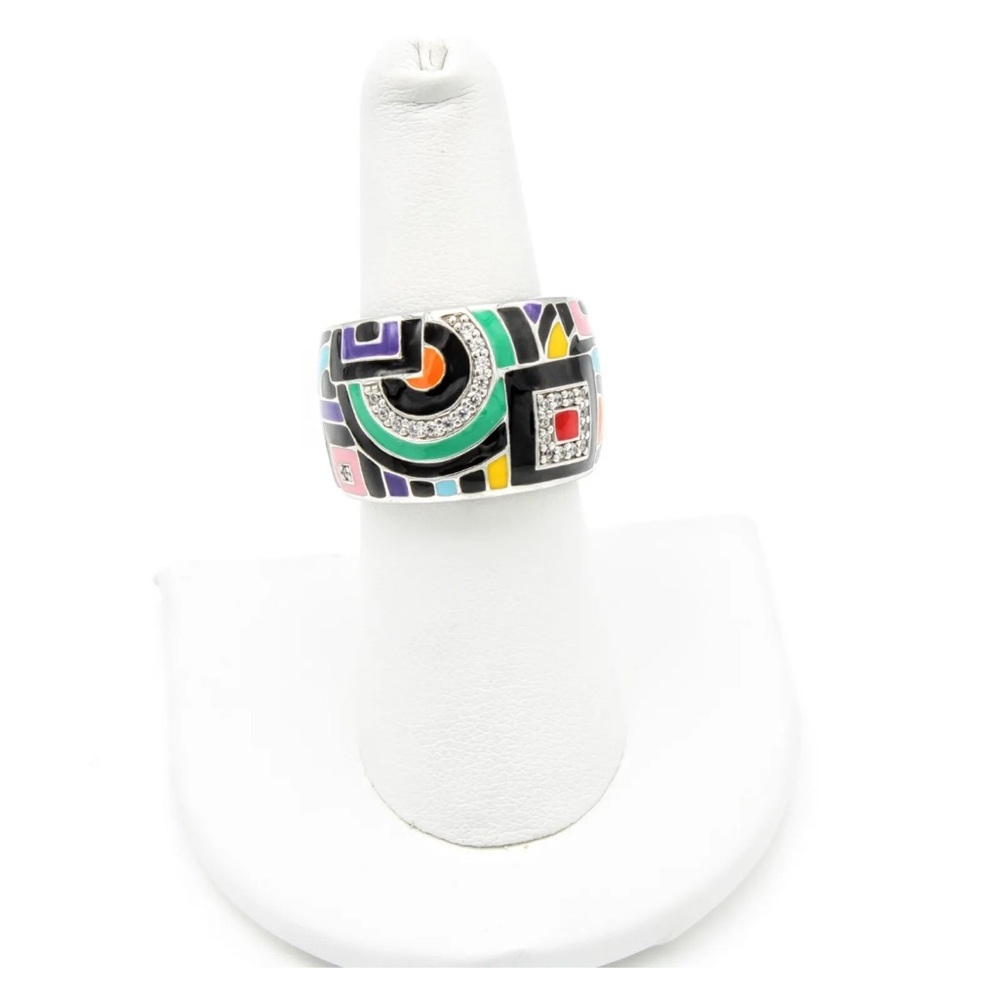 Belle Etoile Silver Enamel Mosaic Geometric Art Deco Motif Ring Size 6.5